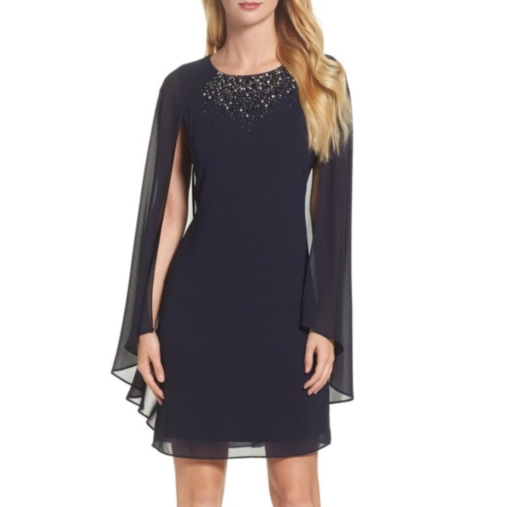 Vince Camuto - “Embellished Caped Sheath Dress”